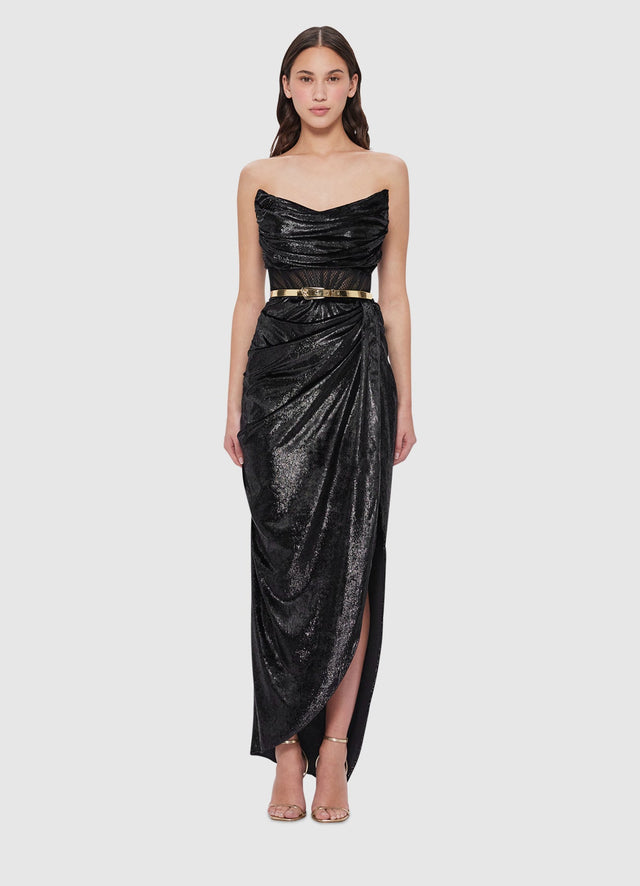 Exclusive Leo Lin Madelyn Velvet Draped Split Dress in Ebony