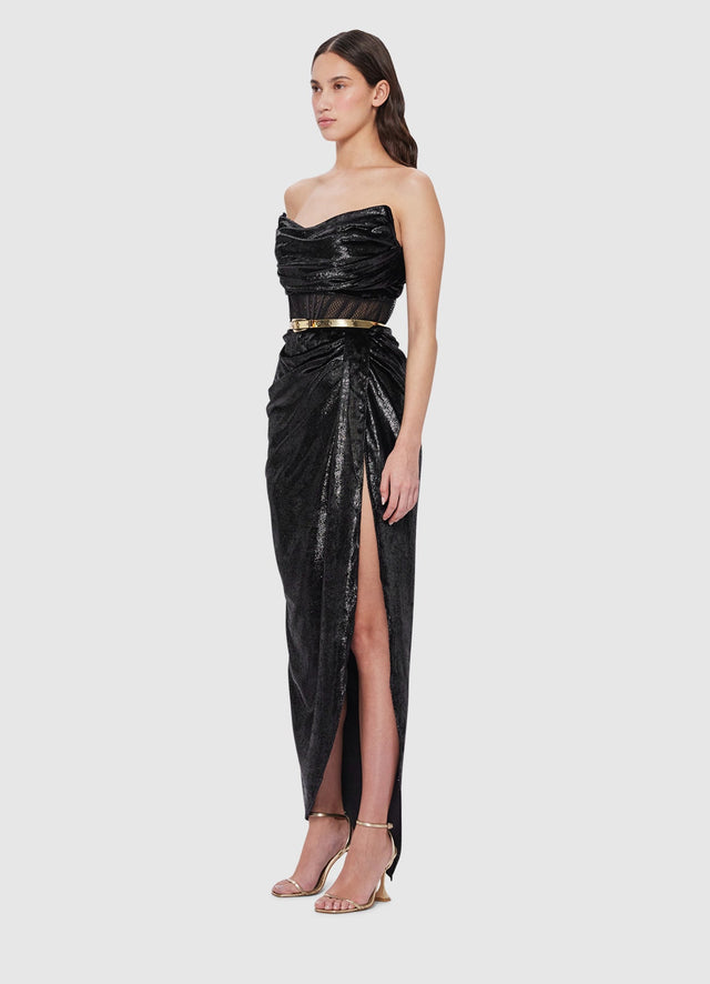 Exclusive Leo Lin Madelyn Velvet Draped Split Dress in Ebony