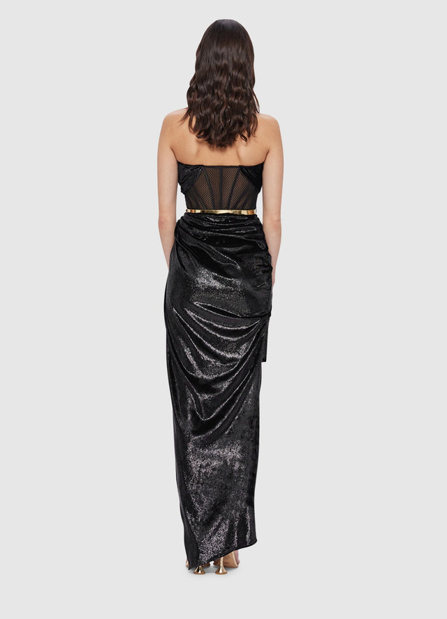 Exclusive Leo Lin Madelyn Velvet Draped Split Dress in Ebony