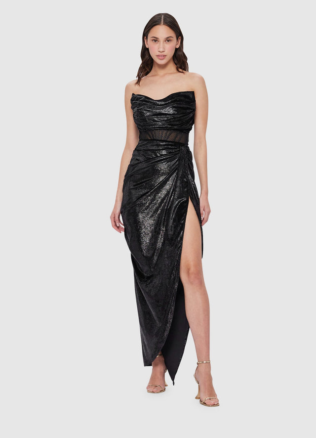 Exclusive Leo Lin Madelyn Velvet Draped Split Dress in Ebony