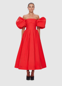 Exclusive Leo Lin Matilda Puff Sleeve Midi Dress in Scarlet