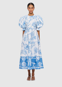 Maxima Puff Sleeve Midi Dress - Harmony Print in Porcelain
