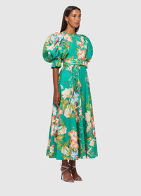 Maxima Puff Sleeve Midi Dress - Opulent Print in Verdant