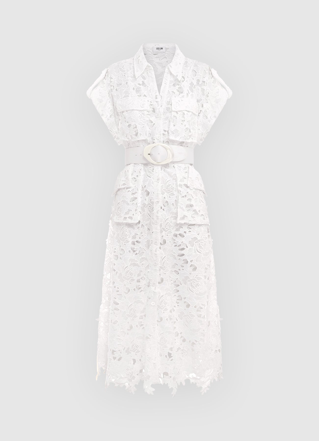 Audrey Lace Pocket Shirt Midi Dress - Snow | LEO LIN® Official Website