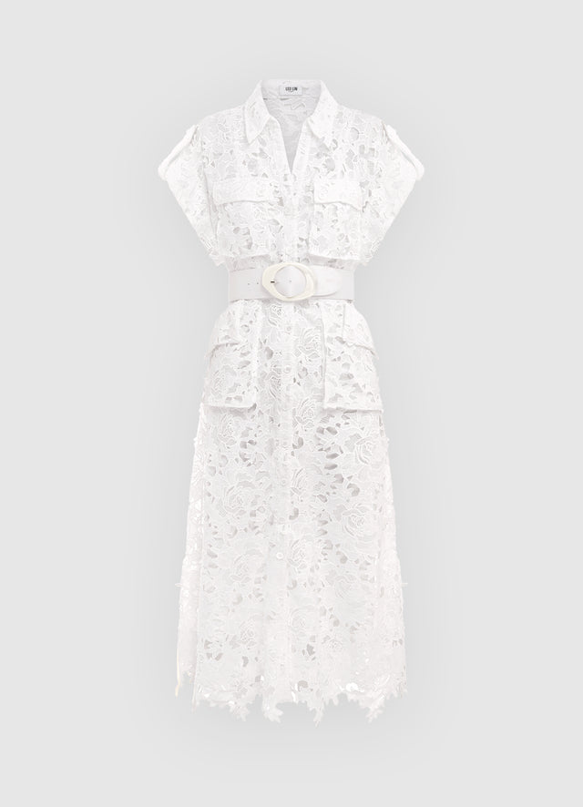 Exclusive Leo Lin Audrey Lace Pocket Shirt Midi Dress in Snow