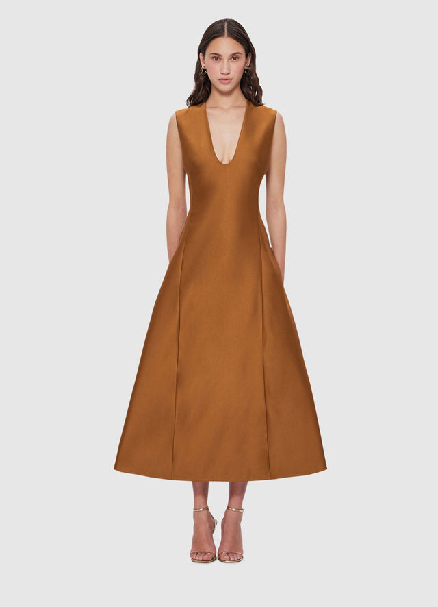 Exclusive Leo Lin Nicola V Neck Midi Dress in Bronze