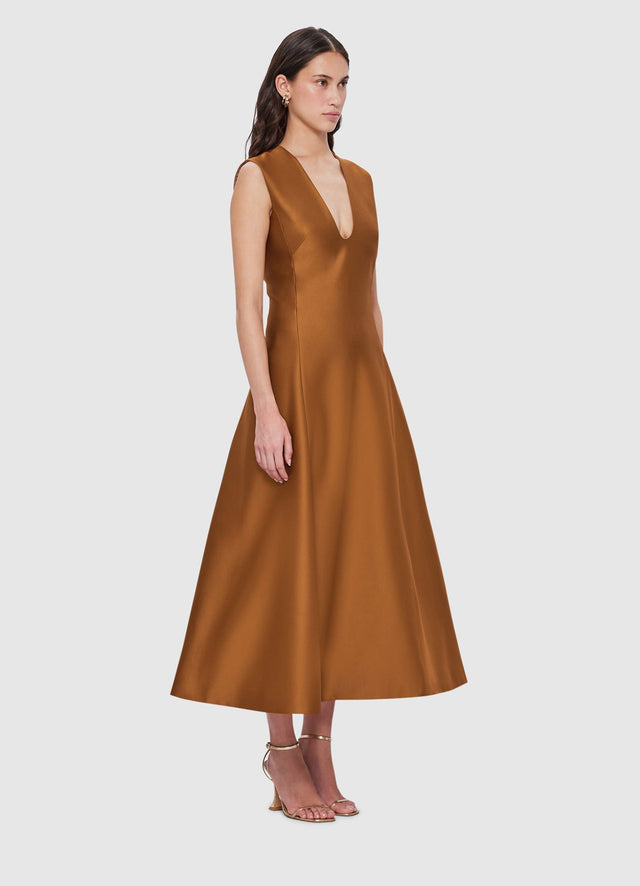 Exclusive Leo Lin Nicola V Neck Midi Dress in Bronze