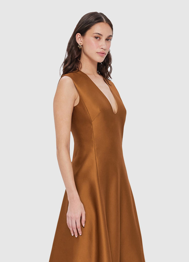 Exclusive Leo Lin Nicola V Neck Midi Dress in Bronze