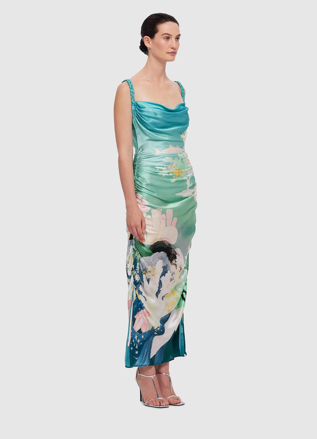 Exclusive Leo Lin Rachel Cowl Neck Slip Dress in Neptune Print in Seagrass