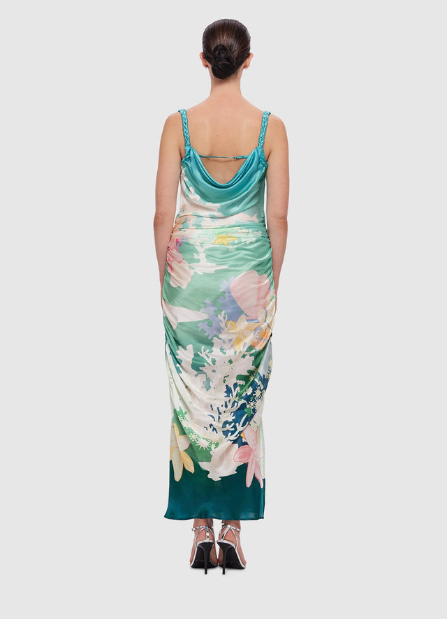 Exclusive Leo Lin Rachel Cowl Neck Slip Dress in Neptune Print in Seagrass