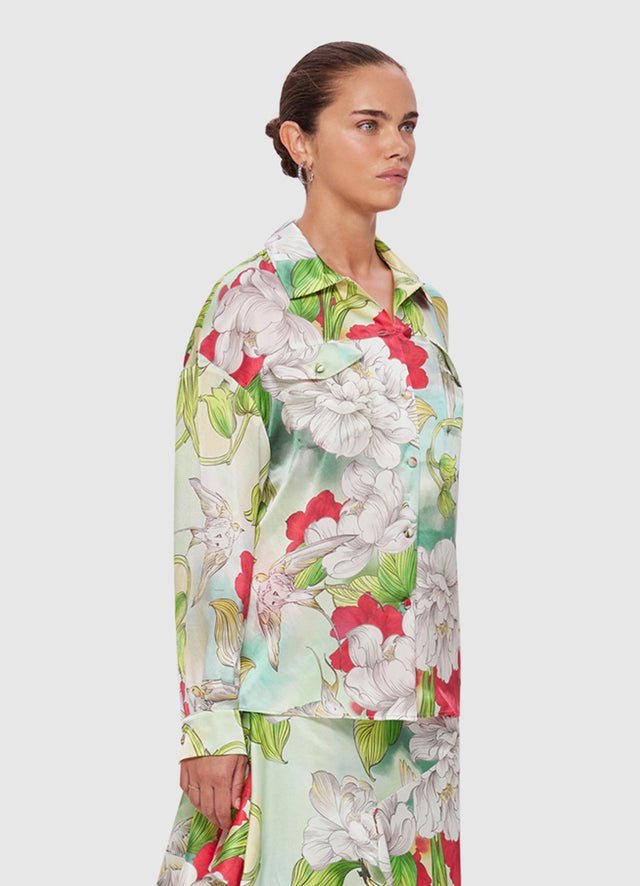 Exclusive Leo Lin Savannah Silk Blouse in Swallow Print in Tranquility