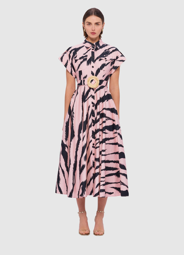 Exclusive Leo Lin Anita Pocket Shirt Midi Dress in Tiger Print in Pink