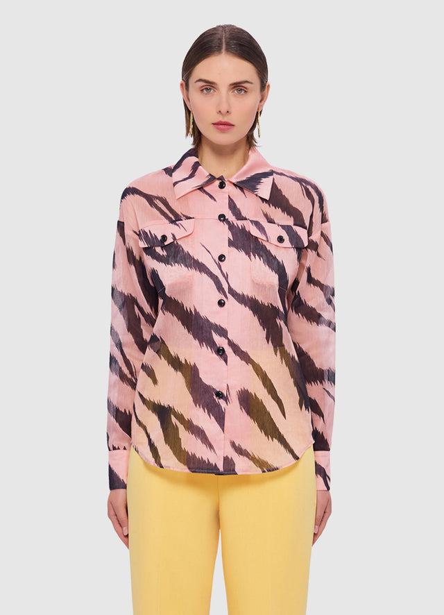 Exclusive Leo Lin Brooklynn Linen Shirt in Tiger Print in Pink