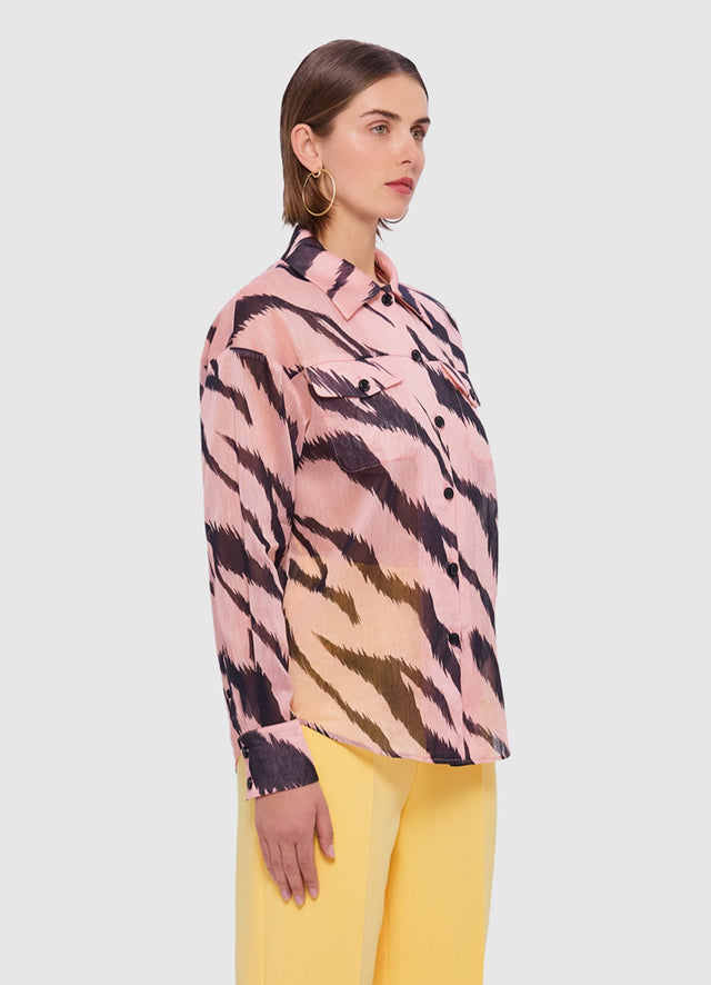 Exclusive Leo Lin Brooklynn Linen Shirt in Tiger Print in Pink