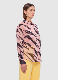 Exclusive Leo Lin Brooklynn Linen Shirt in Tiger Print in Pink