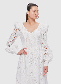 Exclusive Leo Lin Lilah Lace Structured Shoulder V Neck Dress in Snow