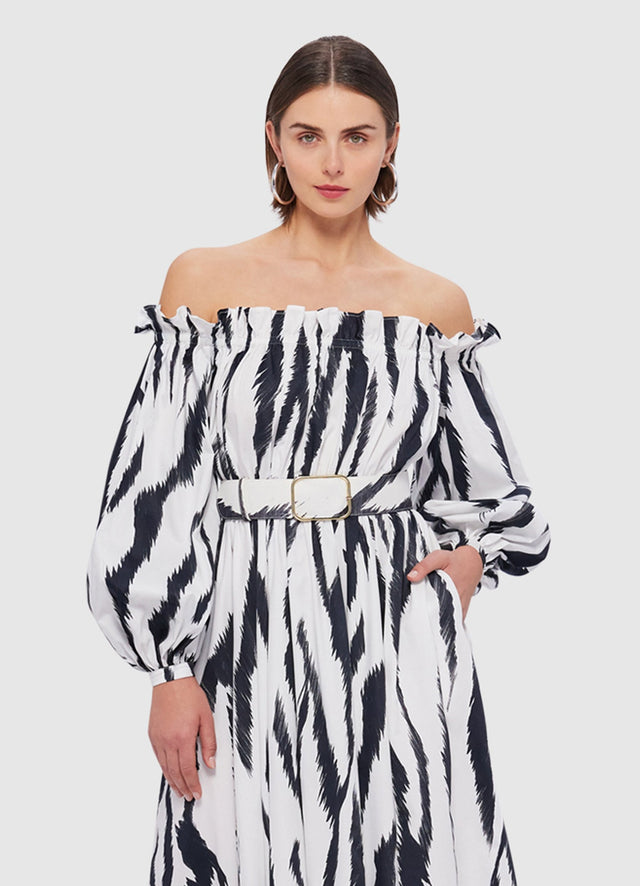 Exclusive Leo Lin Sarah Off- Shoulder Midi Dress in Tiger Print in White