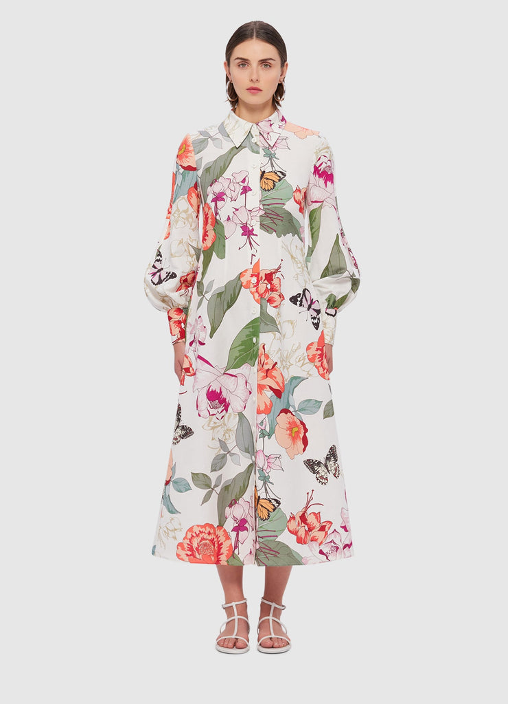 Cecilia Linen Midi Dress - Lush Print in White | LEO LIN® Official Website