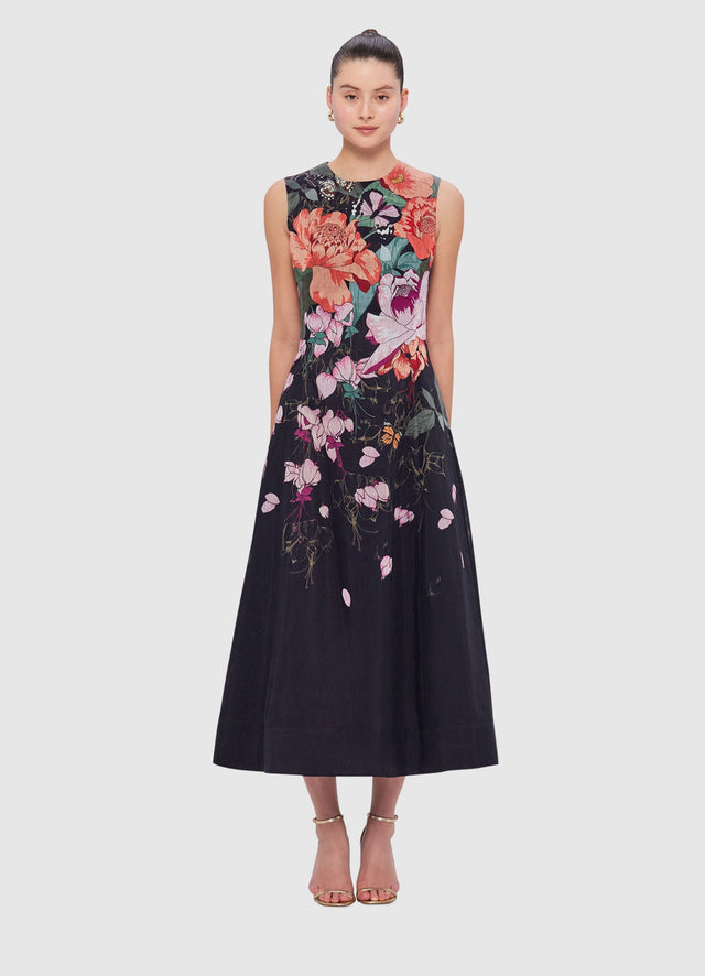 Exclusive Leo Lin Cleo Sleeveless Midi Dress in Lush Print in Black