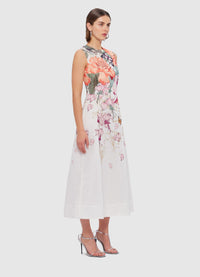 Exclusive Leo LIn Cleo Sleeveless Midi Dress in Lush Print in White
