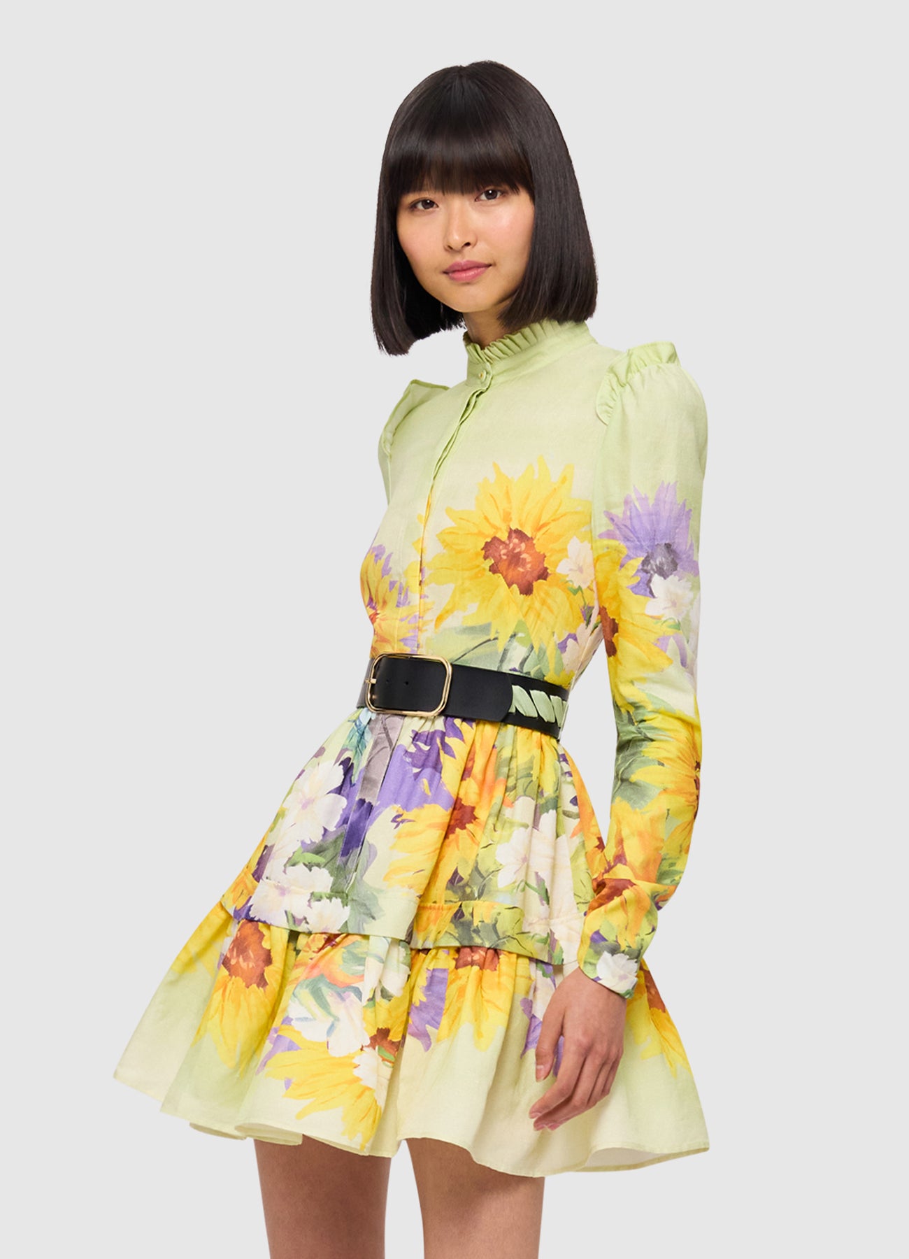 Christina High Neck Mini Dress - Sunflower Print in Green | LEO 