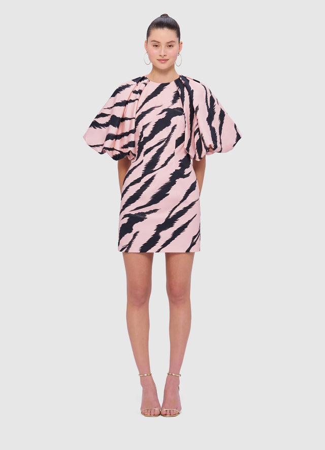 Exclusive Leo Lin Gabriella Puff Sleeve Mini Dress in Tiger Print in Pink