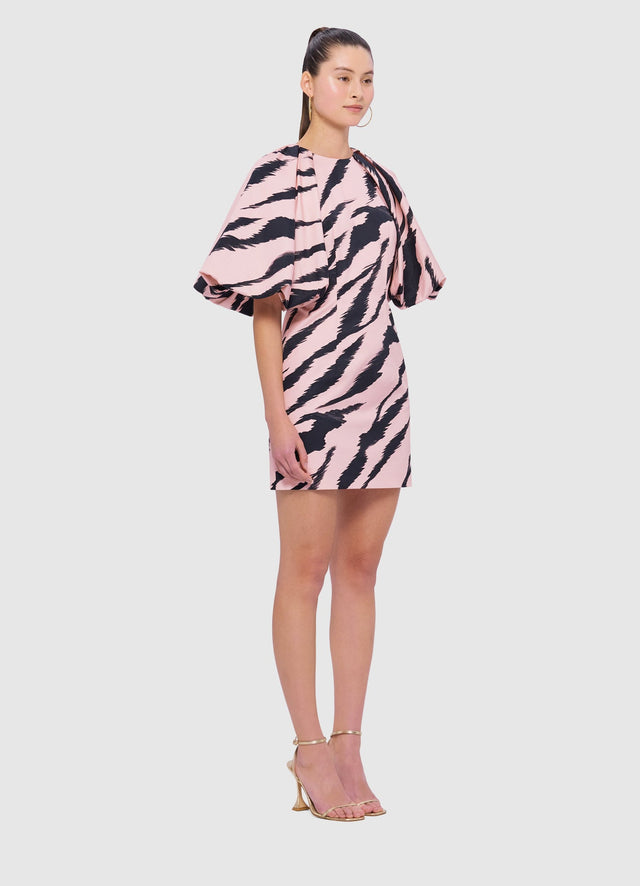 Exclusive Leo Lin Gabriella Puff Sleeve Mini Dress in Tiger Print in Pink