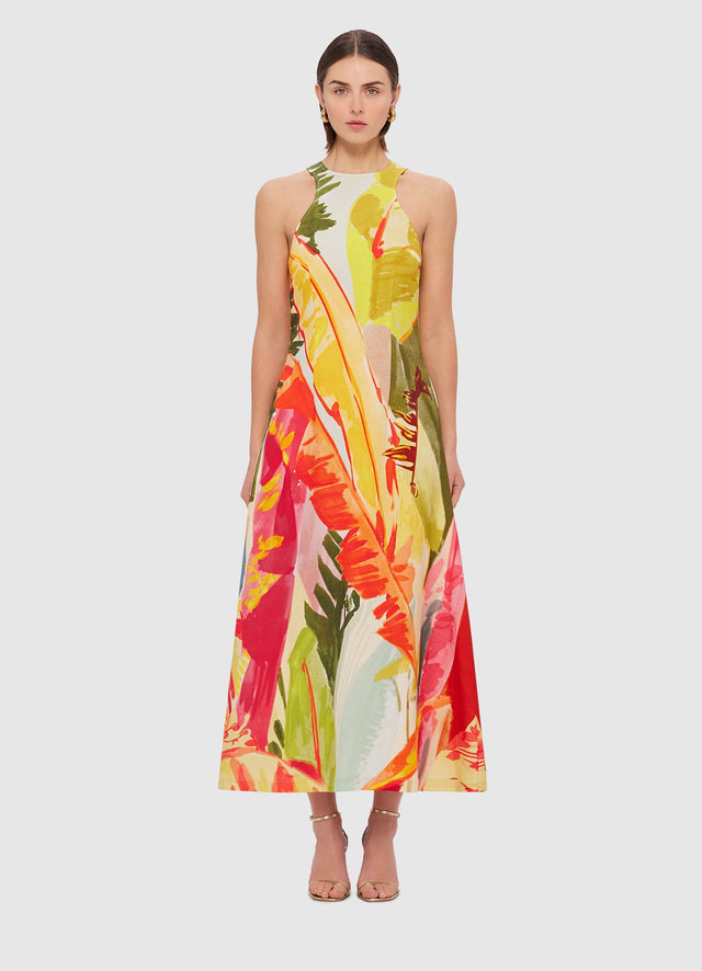 Exclusive Leo Lin Giselle Racer Neck Midi Dress in Rainforest Print