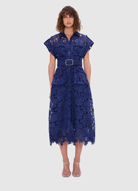 Exclusive Leo Lin Audrey Lace Pocket Shirt Midi Dress in Oxford Blue