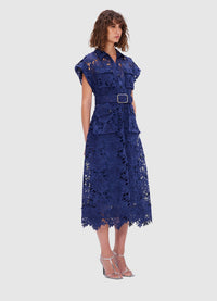 Exclusive Leo Lin Audrey Lace Pocket Shirt Midi Dress in Oxford Blue