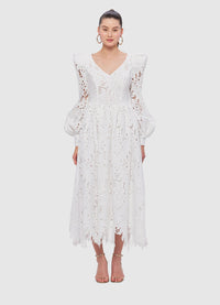 Exclusive Leo Lin Lilah Lace Structured Shoulder V Neck Dress in Snow