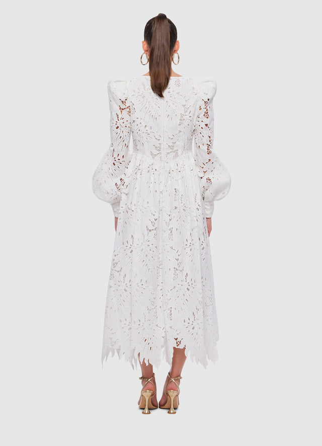 Exclusive Leo Lin Lilah Lace Structured Shoulder V Neck Dress in Snow