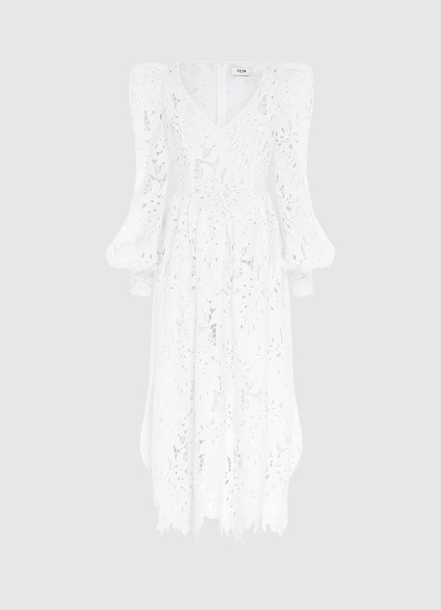 Exclusive Leo Lin Lilah Lace Structured Shoulder V Neck Dress in Snow