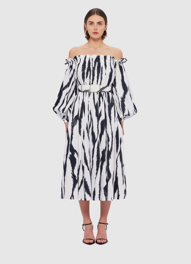 Exclusive Leo Lin Sarah Off- Shoulder Midi Dress in Tiger Print in White