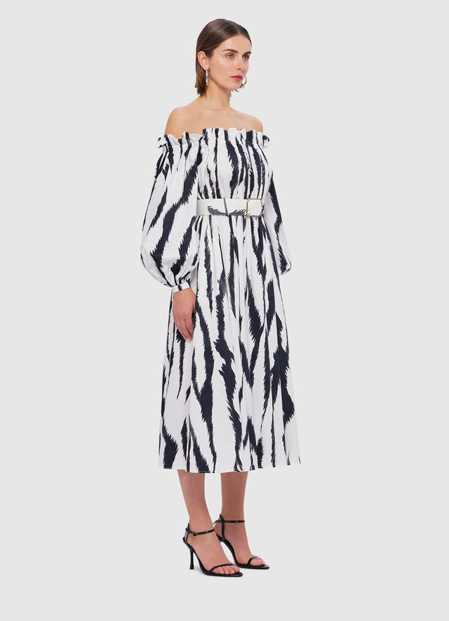 Exclusive Leo Lin Sarah Off- Shoulder Midi Dress in Tiger Print in White