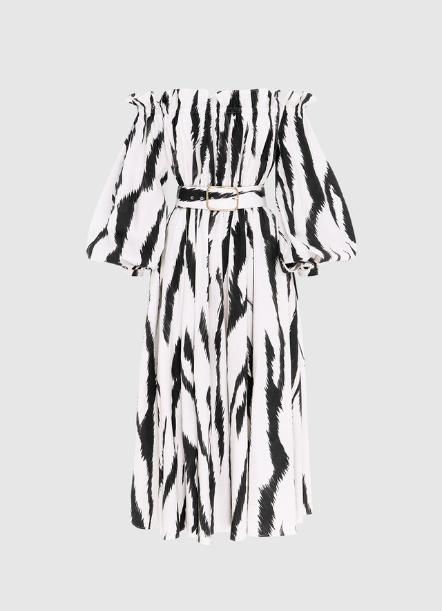 Exclusive Leo Lin Sarah Off- Shoulder Midi Dress in Tiger Print in White